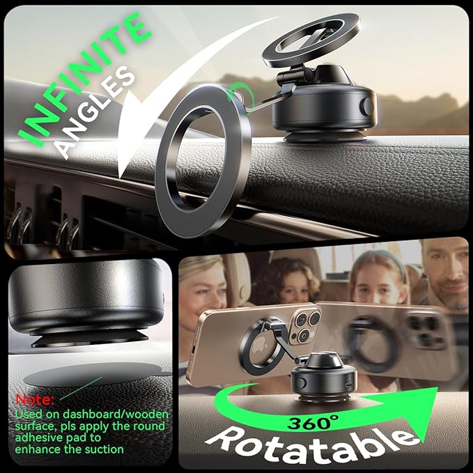 Electric Magnetic Car Phone Holder, 360 Rotation Vacuum Suction Cellphone Mount Foldable Car Mount Stand for iPhone12-16,Mirror/Glass/Screen/Smooth Surface (Not Charge Phone)