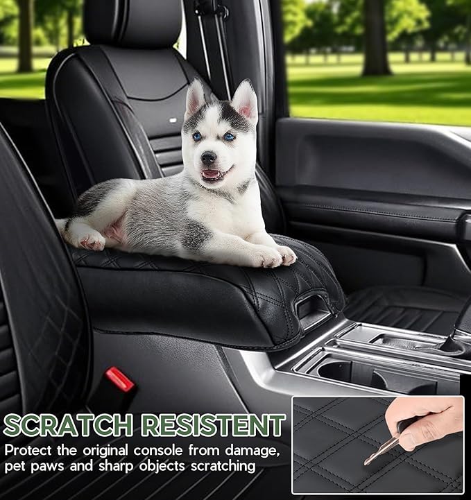 Center Console Cover for Ford F150 2021 2022 2023 2024 2025 Truck Interior Accessories, PU Leather Armrest Middle Console Cover Anti-Scratch Protector Cushion Pad (Bucket Seat Only)