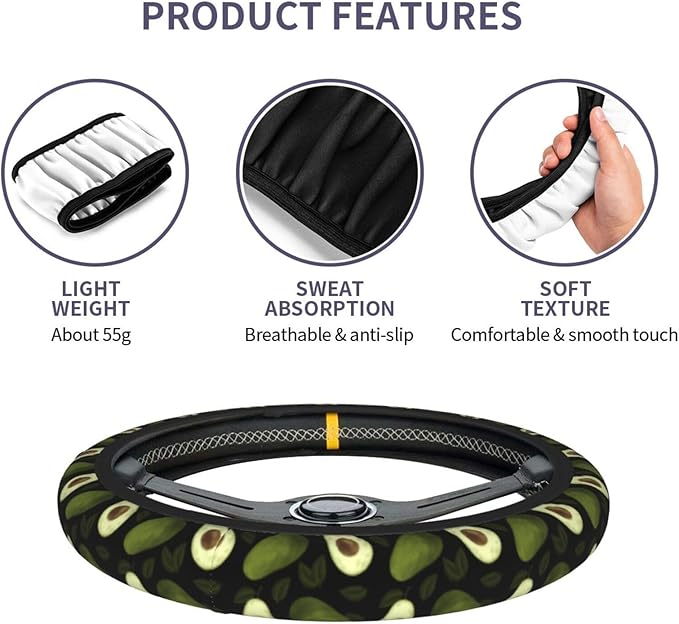 Avocado Steering Wheel Cover With 2 Car Coasters Non Slip Neoprene For Women Men Universal 15 Inch
