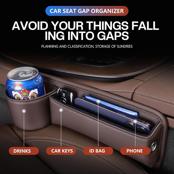 Car Leather Cup Holder Gap Bag, Car Seat Gap Filler Organizer with Water Cup Holder and Phone Charging Hole (White, Driver Side)