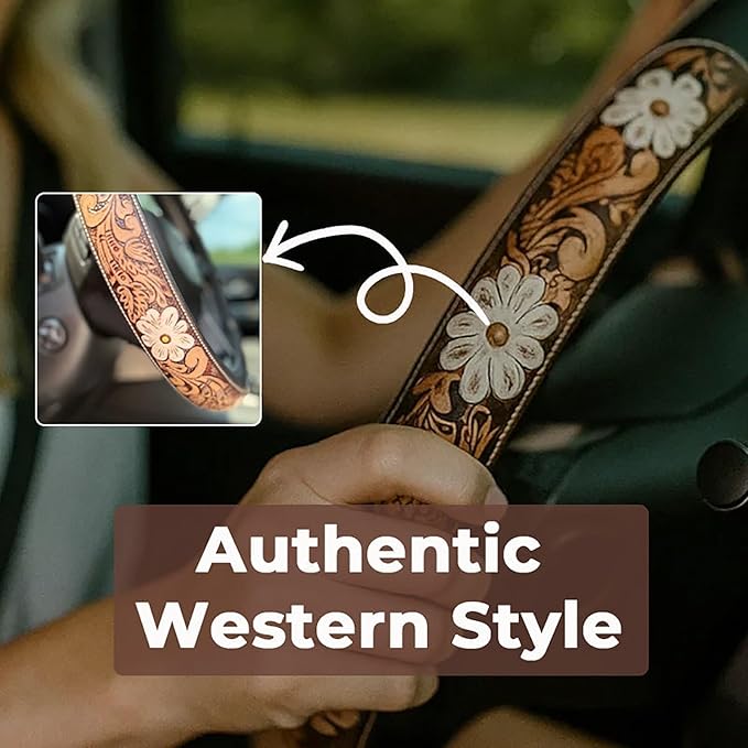 Western Steering Wheel Cover 14.5–15" – Retro Tooled Leather Pattern, Universal Anti-Slip Car Accessories for Trucks SUVs Cars, Boho Cowgirl/Cowboy Gift (D)