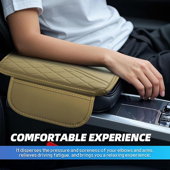 Car Center Console Cover, 11.8"×6.7" Leather Armrest Cover for Cars, Multifunctional Auto Armrest Cushion Pad with Storage Pocket, Universal Arm Rest Protector Car Accessories (Beige)
