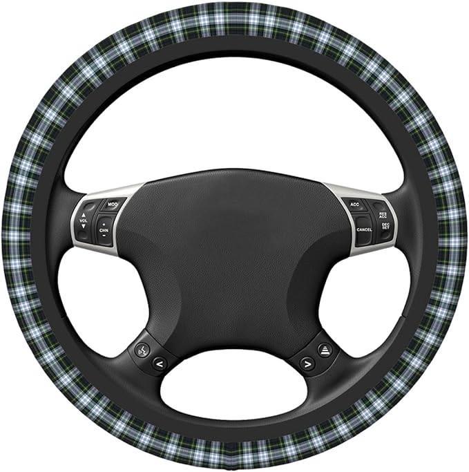 Thickened Elastic Steering Wheel Cover, Plaid Tartan Clan Gordon Scottish Green White Ultra, Soft, Breathable, Fit for Cars, SUVs, Trucks, Stylish Comfortable Grip