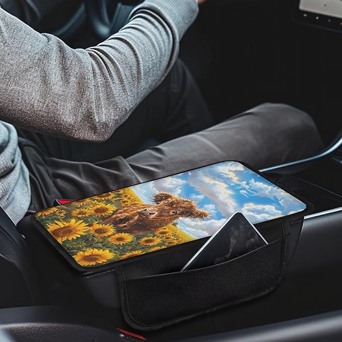 Dreaweet Highland Cow Car Accessories Center Console Cover Armrest Cover for Car Center Console Cushion Pad Car Armrest Seat Box Cover Protector with 2 Storage Pockets
