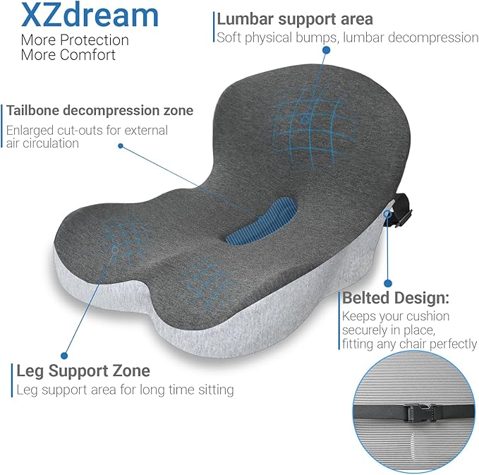 XZdream Memory Foam Seat Cushion,Office Chair Cushion with Lumbar Support for Back Pressure Relief, Car Seat Cushion with Adjustable Strap,Sciatica Pad Cushions for Car,Truck, Desk,Gaming Chair