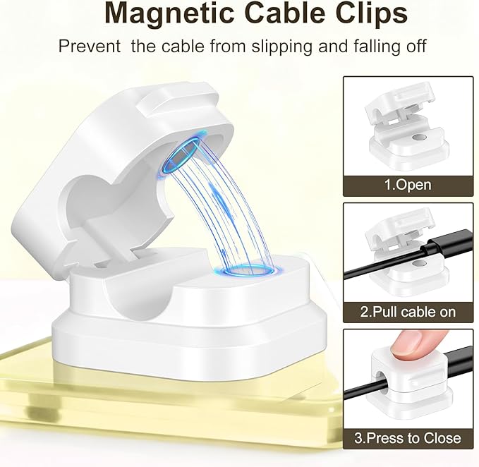 10 Pack Magnetic Cable Clips, Cord Organizer Holder with Strong Adhesive, Desk Cable Management for Home Office Car Desktop Nightstand, Adjustable Wire Keeper (White)