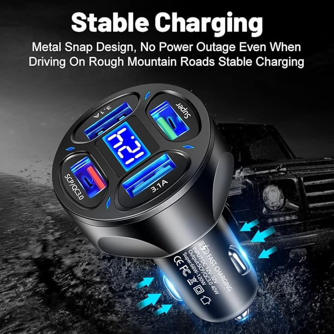 66W Multi Port Car Charger Adapter with Voltage Monitor, 4 USB QC3.0 Super Fast Charge Cigarette Lighter USB Charger, Compatible with iPhone/Android/Samsung/iPad Pro/and More (Black)