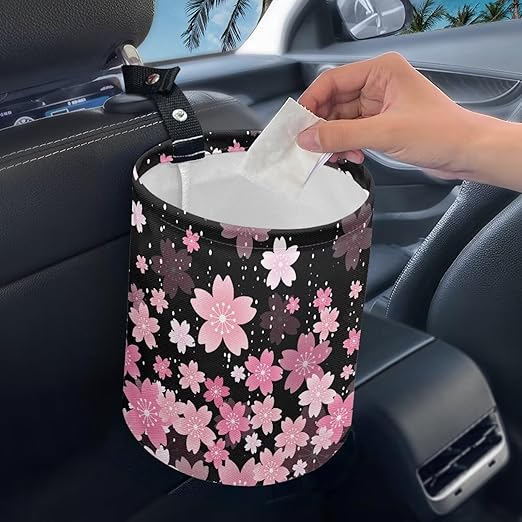 Cherry Blossom Car Garbage Can Small Trash Can with Leak Proof Inside Liner And Hanging Strap Car Organizer Portable Car Essentials for Road Trip