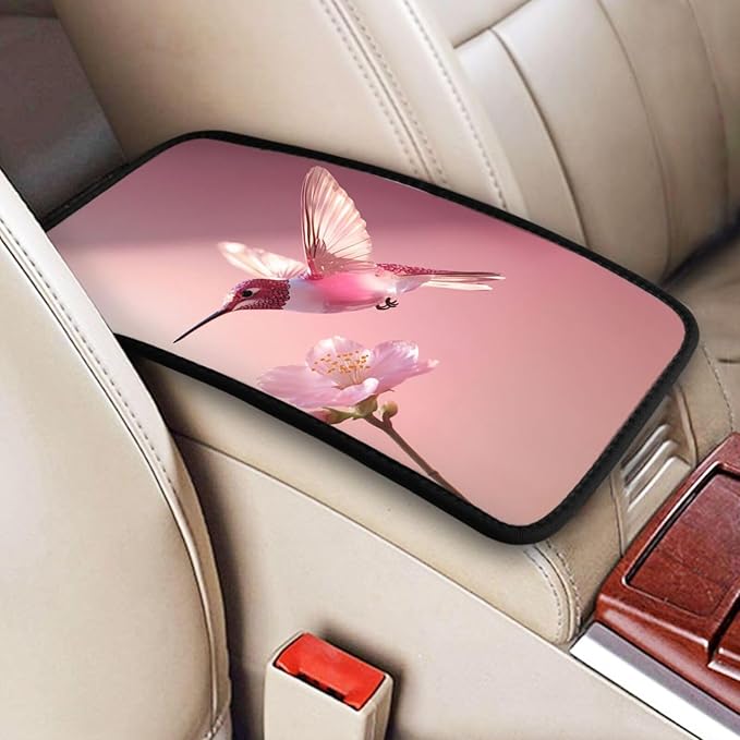 Universal Car Center Console Cushion Pad, Pink Hummingbird Soft Waterproof Car Center Console Cover Auto Armrest Seat Box Cover Protector for Most Vehicle SUV Truck Car