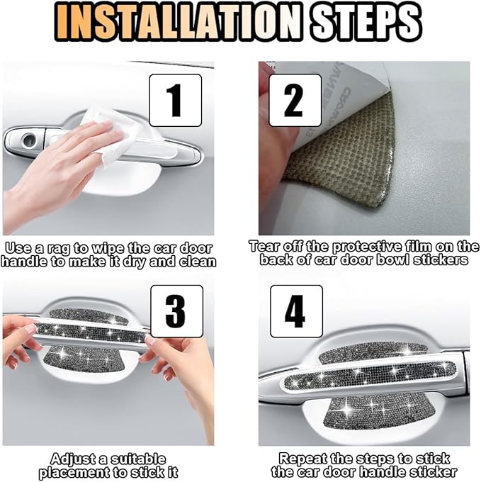 10PCS Bling Car Door Handle Anti-Scratch Sticker, Bling Car Door Handle Sticker, Universal Car Doors Handles Protective Cover, Shiny Rhinestone Auto Decor Accessories for Women (Glossy Black)