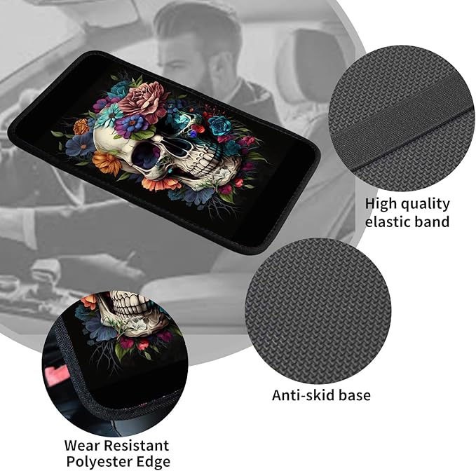Auto Center Console Cover Arm Rest Cover for Car Truck,Universal Waterproof Car Armrest Cover Pad Middle Console Storage Box Covering Protector+Car Coasters-Skull Flower