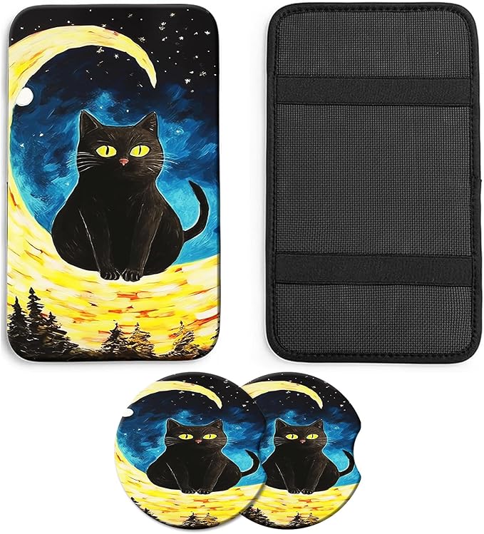 JANENFNA Car Armrest Cover Pads Universal Fashion Cute Auto Center Console Armrest Cover Pad with 2PCS Car Coasters Soft Waterproof Car Armrest Seat Protector for Women,Moon Cat
