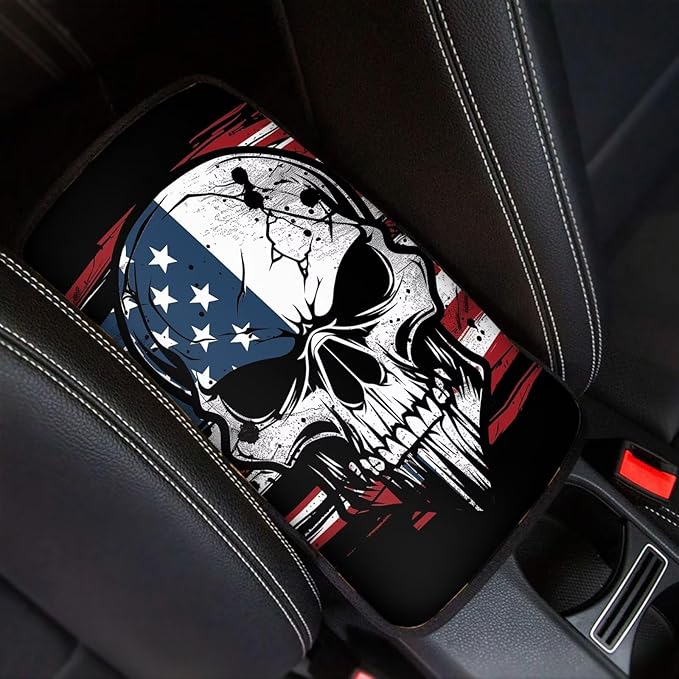 Auto Center Console Armrest Pad Seat Box Cover Universal Fit Car Armrest Cover Cushion Mat for Vehicle, SUV, Truck, Skull American Flag