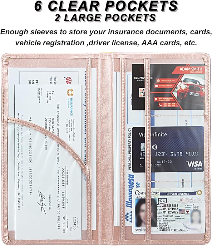 Car Registration and Insurance Holder, Premium Leather Insurance and Registration Holder,vehicle Glove Box Car Organizer, with Magnetic Shut for Cards, Driver License (Rose Gold)