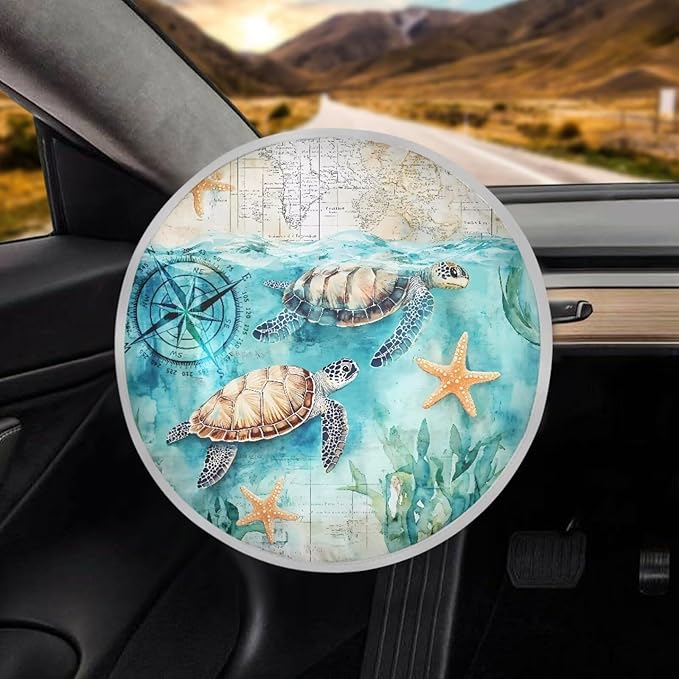 Turtle Print Steering Wheel Sun Shade Cover 17 Inch Beach Print Car Rudder Sun Shade Cooling Cover for Summer Foldable Steering Wheel Cover Gift for Friends