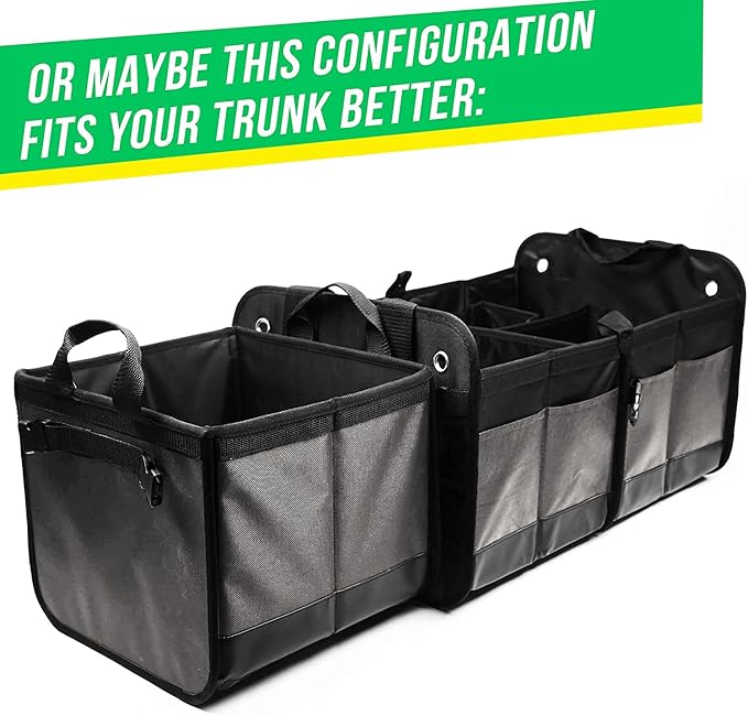 DURABLEZ 3-Section Modular Trunk Organizer XL – Car Storage for Groceries, Cleaning Supplies, Tools, Sports Gear – Foldable L-Shape Cargo Bin – Gray