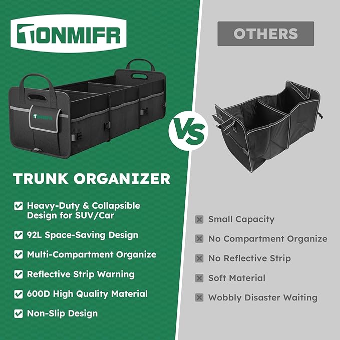 Tonmifr Heavy-Duty Trunk Organizer & Multi-Compartment Storage Box for SUV/Sedan/Minivan,600D Waterproof Oxford,2 Securing Hooks & Reflective Strips-Large Capacity Organiser(92L)