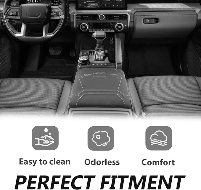 Muslogy Center Console Armrest Cover Compatible with 2024 Toyota Tacoma Accessories Armrest Lid Protector Vegan Leather Cushion Regular Thick(Black/Gray Stitching)
