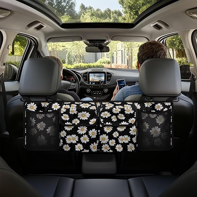 Daisy Trunk Organizer with 4 Pockets, Adjustable Car Organizers Storage Back Seat Car Organizer Machine Washable, Make The Trunk of Your Car Look Neat and Tidy
