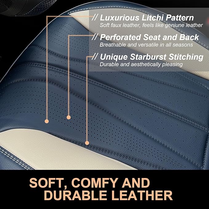 PINCTROT Car Seat Covers Front Set, Breathable Soft Pebbled Leather, Luxury Waterproof Seat Cushion, Airbag Compatible, Seat Protector Universal Fit Most Cars (Front Set, Blue Beige)