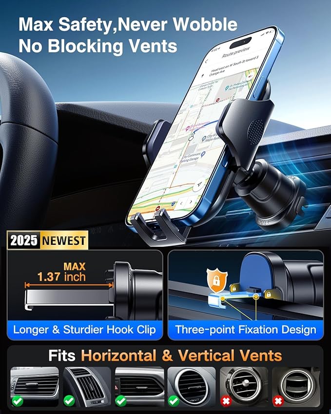 VANMASS 2026 Phone Holders for Your Car Ultimate Military-Grade Car Phone Holder Mount【Patent & Safety Certs】Upgraded Shockproof Truck Air Vent Phone Mount for iPhone 17 Pro Max 16 15 Samsung Android