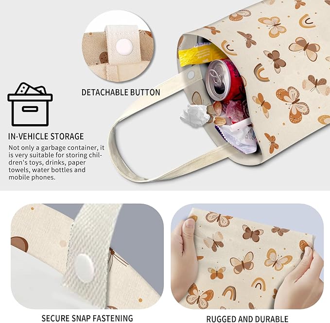 Cute Car Trash Can, Hanging Canvas Car Back Seat Organizer and Storage Bag, Funny Car Trash Bag for Travelling, Outdoor Cute Beige Butterfly