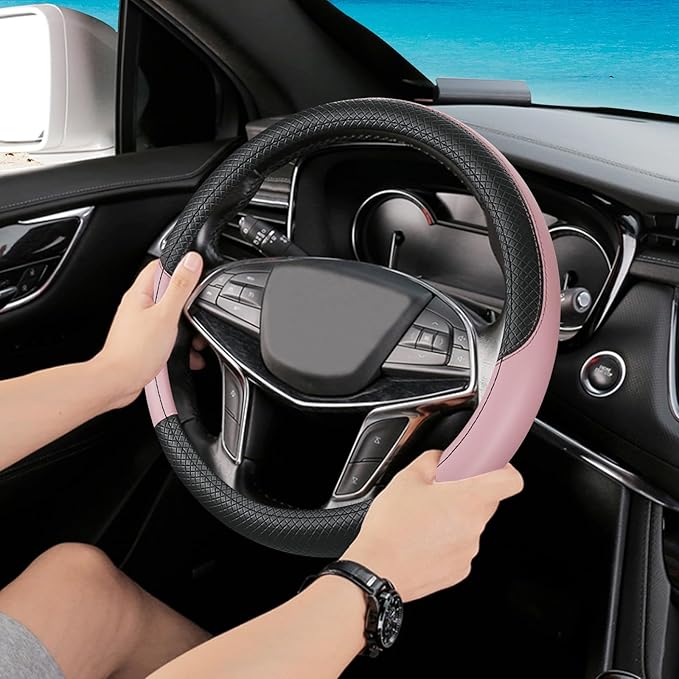 Black & Pink Car Steering Wheel Cover, Microfiber, Leather Patchwork, Universal 14.5-15 Inch Leather Anti-Slip Breathable Auto Steering Wheel Covers for Men Women