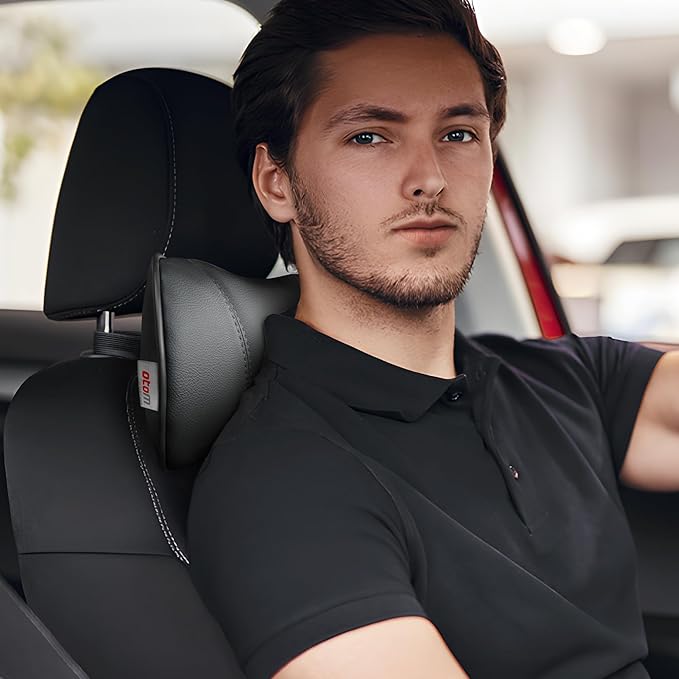 Otom Car Neck Pillow - Ergonomic Faux Leather Headrest Pillow for Driving Comfort | Travel Pillow Fits All Cars, Trucks, SUVs | Luxury Support (Black-Smoked)