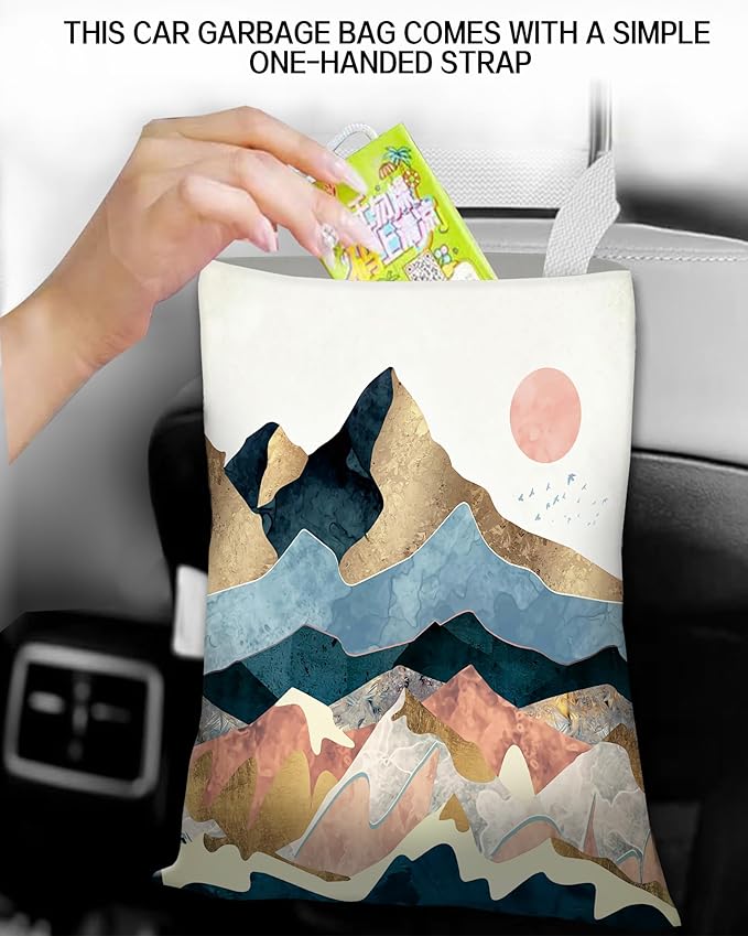 ANKVRP Hanging Car Trash Can Bag - Organizer for Back Seat, Boho Mountain Style, Ideal for Traveling, Camping & Vehicle Accessories