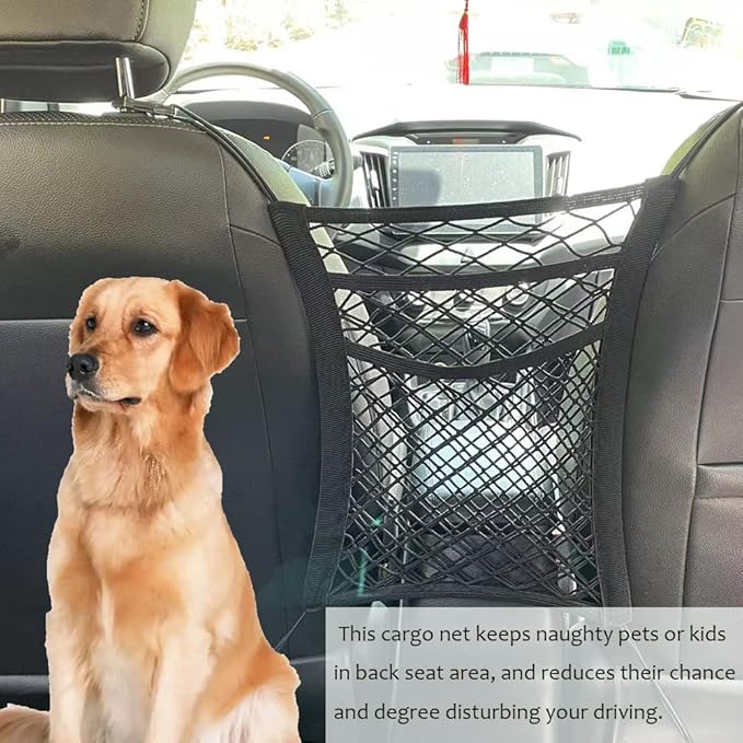 Pincuttee 3-Layer Car Mesh Organizer 1 Pack,Seat Back Net Bag Organizer,Seat Back Net Bag Barrier of Backseat Dog or Kids Pet, for Car/SUV/Truck(Black)