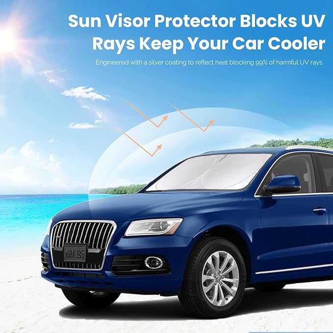 Custom fit Audi Q5 Windshield Sunshade for 2014 2015 2016 2017 Audi Q5/SQ5, Sportback SUV Shades Cover for Windshield Sun Visor Screen Protector 210T Reflective Blocks UV Rays Cool Car Accessories
