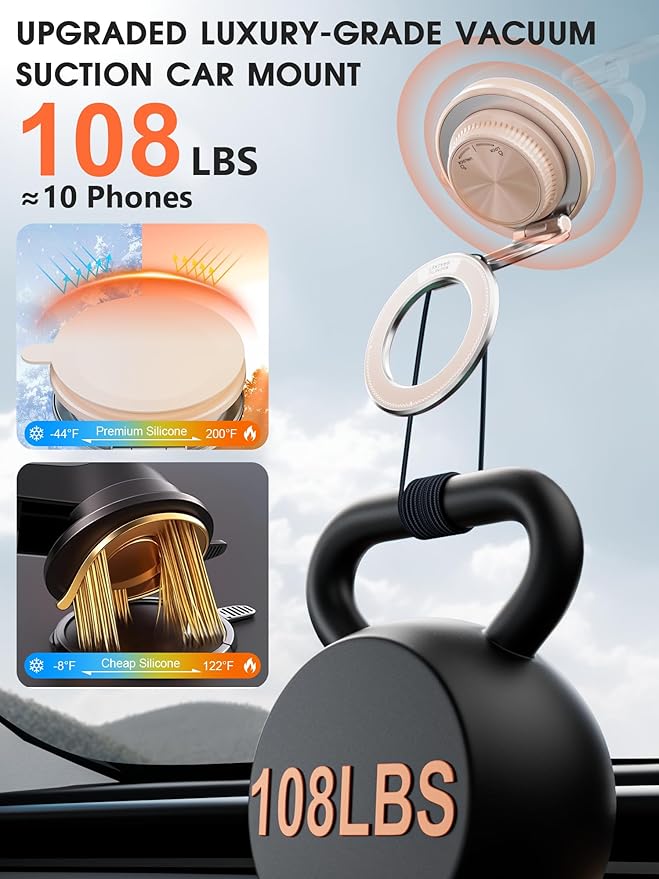 ETODBUWS Ultra-Thin Vacuum Magnetic Car Phone Holder for MagSafe[108+LBS Strongest Suction & 3000gf Strongest Magnetic],360°Adjustable Suction Cup Phone Mount for Car,Gym,Mirror,Men Women-Pale Pink