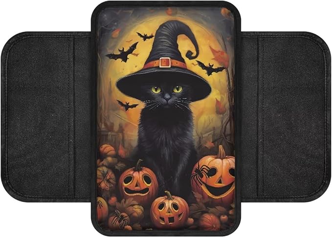 BIGCARJOB Halloween Armrest Cover for Cars Black Cat Print Car Armrest Cover Center Console Halloween Decorations Middle Console Cover Armrest Pad with Pocket
