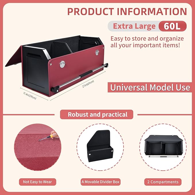 XCF Car Trunk Organizer, Trunk Organizer for SUV with Push-pull Handle and Lid Car Leather Trunk Storage Box (Claret, 27.17 x 11.42 x 12.2in)