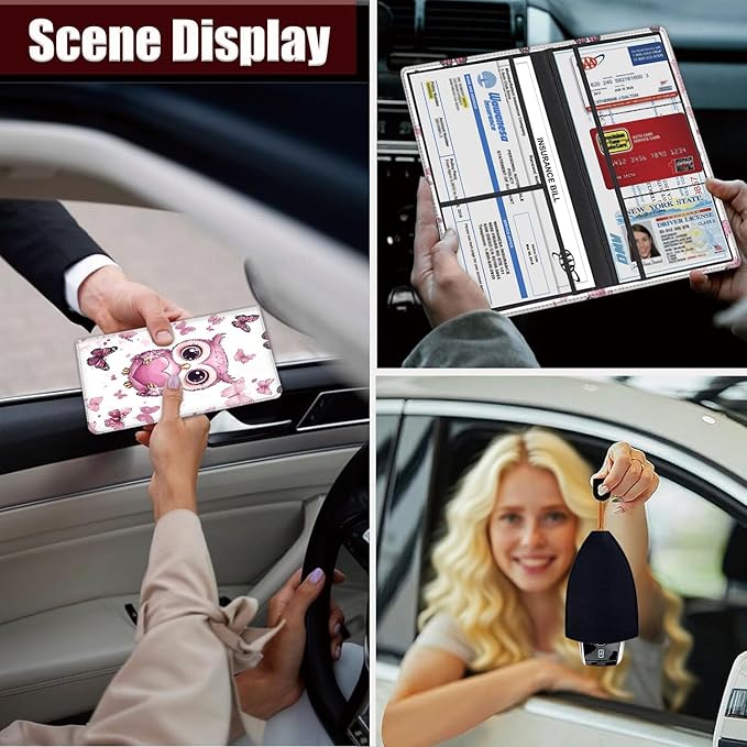 Car Document Holder with Magnetic Shut, Car Registration and Insurance Card Holder, Vehicle Glove Box Organizer Documents, Driver License, Auto Paperwork Organizer Wallet, Pink Heart-Shaped Owl