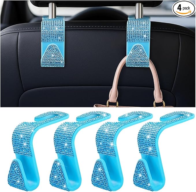 4PCS Bling Car Seat Headrest Hooks, Vehicle Back Seat Purse Handbag Hanging Holder with Crystal Rhinestone, Diamond Storage Organizer Hook, Universal Automotive Accessories (Lake Blue)