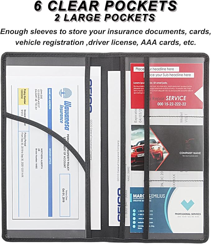 Car Registration and Insurance Holder, Premium Leather Insurance and Registration Holder,vehicle Glove Box Car Organizer, with Magnetic Shut for Cards, Driver License (Black)