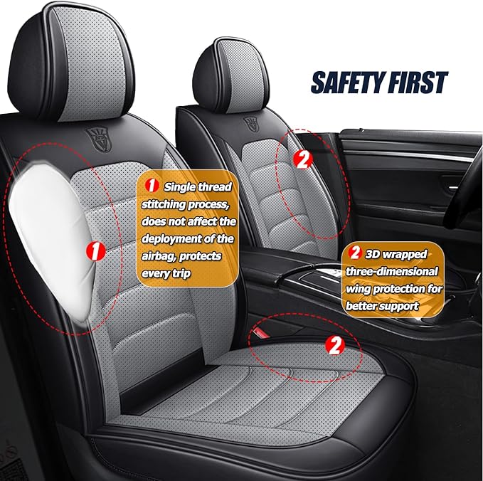 Universal 2 Front Seats Car Seat Cover, Fit for Most Cars, Nappa Leather Car Seat Cushion Super Breathable, Storage Bags, All Season, Car Seat Covers Full Set 3D Foam Back Support, Black Ash