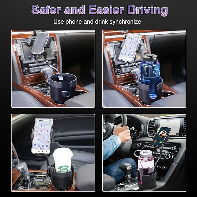JINKEY Car Cup Holder Expander with Phone Mount,360°Rotation Gooseneck Phone Holder with Adjustable Base Cup Holder for Car Compatible with iPhone & All Smartphones