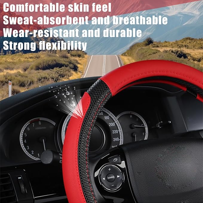 Car Steering Wheel Cover, 14.97 Inch Leather Non-Slip Vehicle Steer Wheel Protector, Soft & Breathable Automotive Interior Protection Accessories, Universal for SUV Sedan Truck (Black/Red)