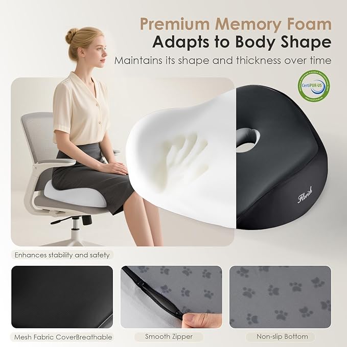 FLORICH Car Seat Cushion for Driving, Memory Foam Seat Cushion for Car Office Chair, Ergonomic Office Seat Chair Cushion, Larger Car Seat Cushion for Car Trunk, Wheelchair - Black