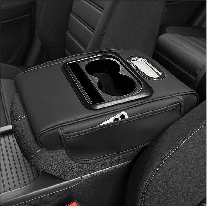 Car Center Console Armrest Pillow, 5-in-1 Armrest Cushion w/ 2 Side Bags, Tissue Box Slot, Cup & Phone Holder, Multifunctional Leather Arm Rest Cover Storage Organizer (Black, Normal)