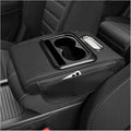 Car Center Console Armrest Pillow, 5-in-1 Armrest Cushion w/ 2 Side Bags, Tissue Box Slot, Cup & Phone Holder, Multifunctional Leather Arm Rest Cover Storage Organizer (Black, Normal)