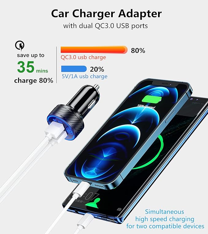 KEWIG Car Charger, 36W 3A Fast Car Charger Adapter, Dual QC3.0 USB Car Charger Fast Charge with Blue LED & ON/Off Switch