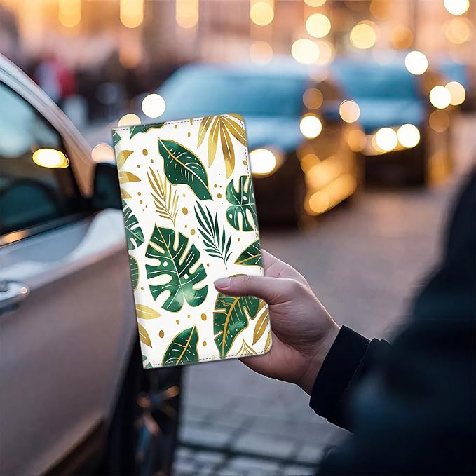 Car Registration Holder, Waterproof PU Leather Vehicle Card Document Glove Box Organizer, Women Interior Auto Accessories Case for Cards, Driver License Car Insurance Holder, Tropical Leaves Botanical
