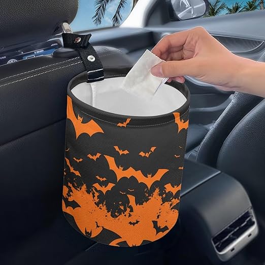 Halloween Bat Print Car Garbage Can Mini Car Trash Bin Truck Organizer Auto Storage Bag Waterproof Portable Accessories Road Trip for Kids