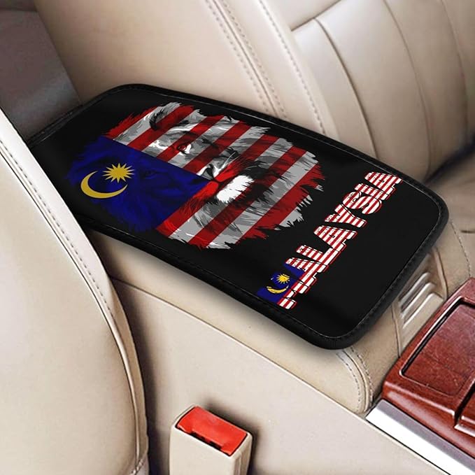 Vintage Malaysia Malaysian Flag Lion Head Auto Center Console Armrest Cover Car Handrail Box Cushion Pad Mat Universal Fit Most Vehicle Sedan Truck SUV Soft Comfort Decor Accessories
