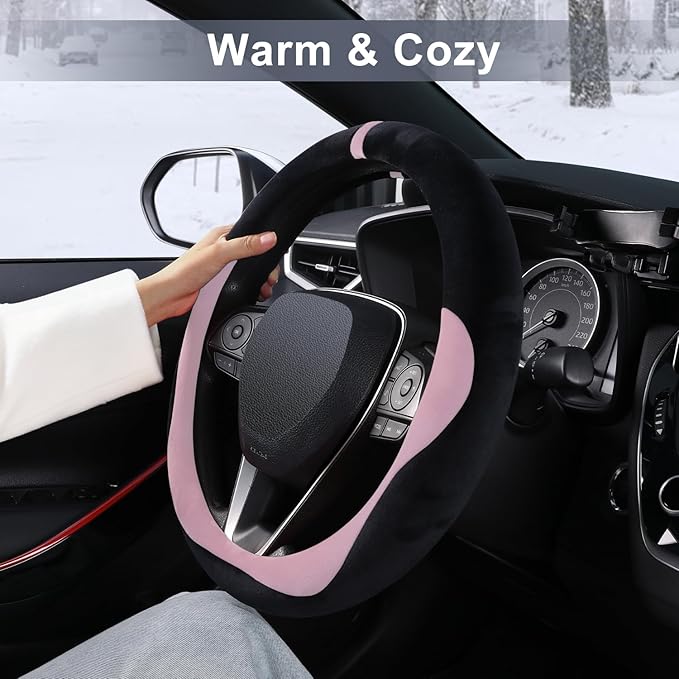 COFIT Plush Steering Wheel Cover Winter, Soft Warm Furry Grip Protector for Cars SUVs Trucks, Fits 14.5-15 Inch, Non-Slip Interior Accessory, Pink