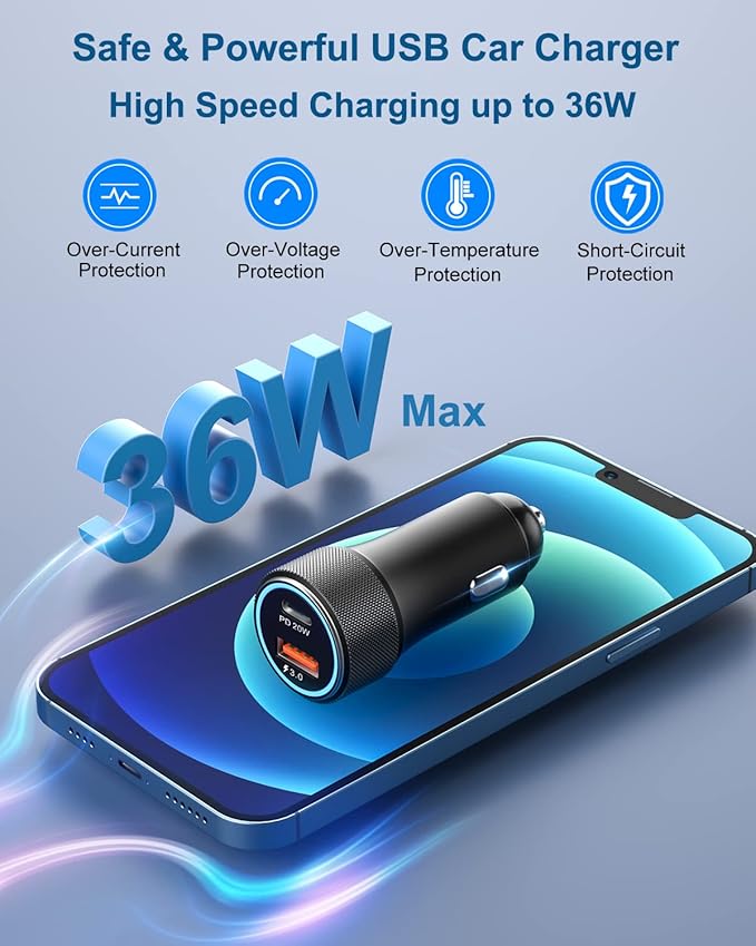 USB C Car Charger 3Pack, OKRAY 36W Fast Charging PD3.0+QC3.0 Dual Port Car Phone Charger Type C+USB A 12v Cigarette Lighter Adapter for iPhone 17 16 15 14 13 12 Pro, Samsung Galaxy S25 S24 A55 A16 A15