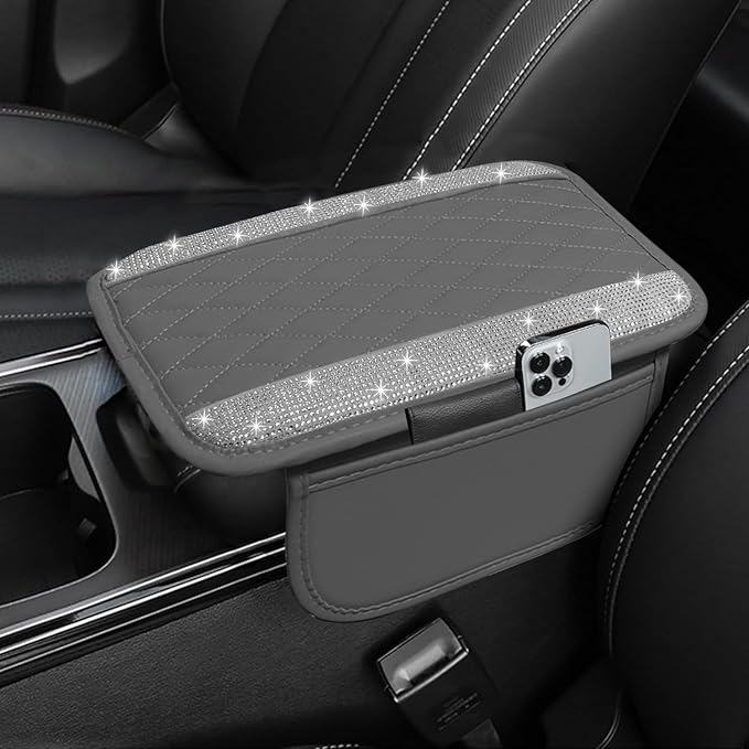 NBTEPEM Bling Gray Car Center Console Cover, Leather Car Arm Rest Cover with 2 Storage Bags, Universal Auto Armrest Protector Storage Box, Bling Accessories Interior for Most Vehicles